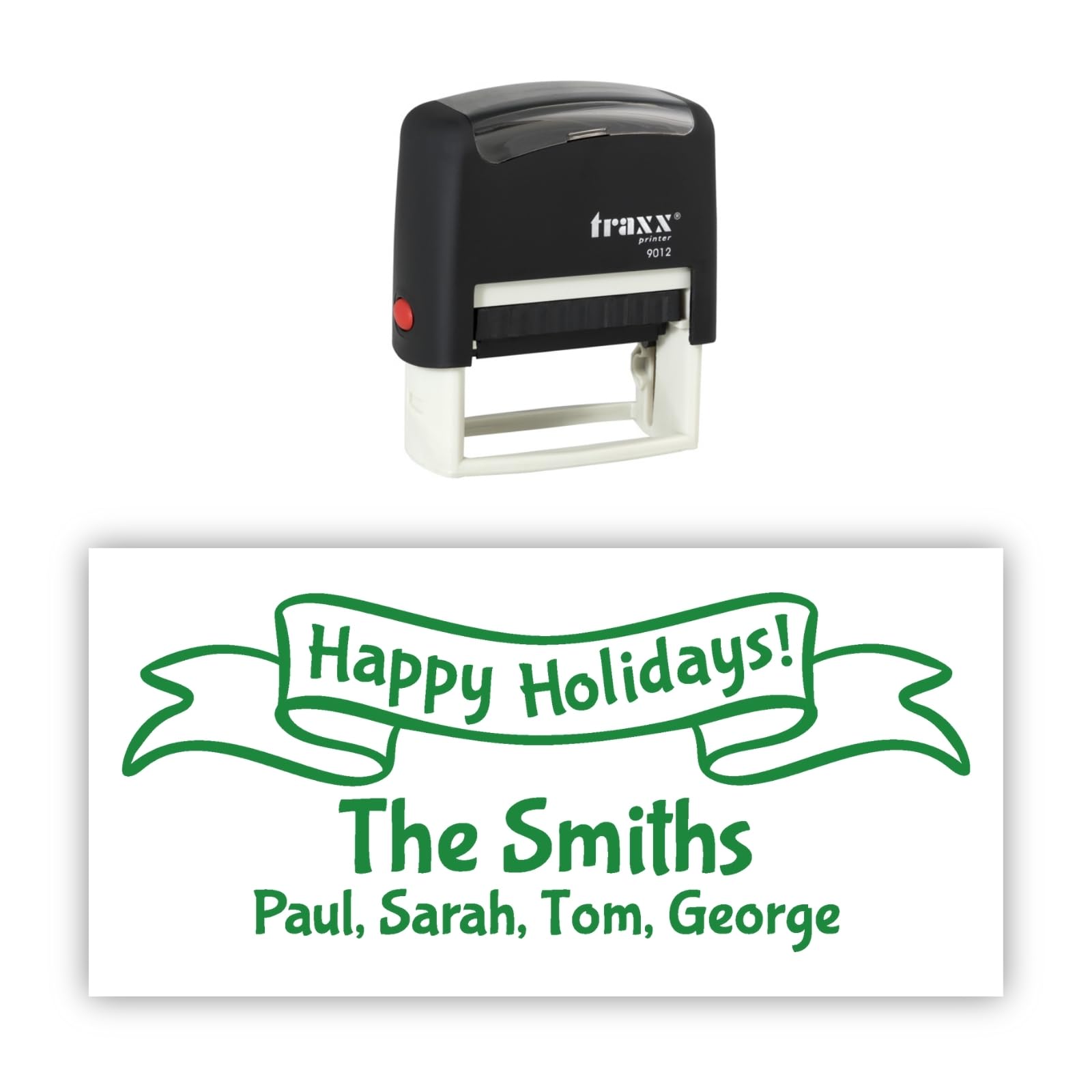 Traxx 9012 Personalised Christmas Self Inking Rubber Stamp - Happy Holidays with 2 Lines of Custom Text in Green Ink