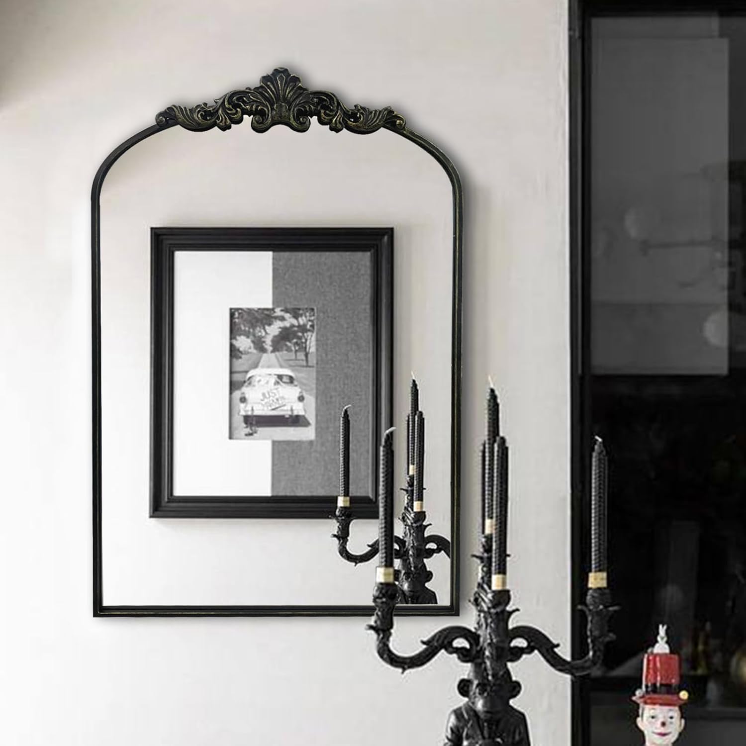 WAMIRRO Arched Mirror,Black Traditional Vintage Ornate Baroque Mirrors,Antique Brass Mirrors for Entryway/Fireplace/Living Room/Hallway/Bathroom.24"X36" Black