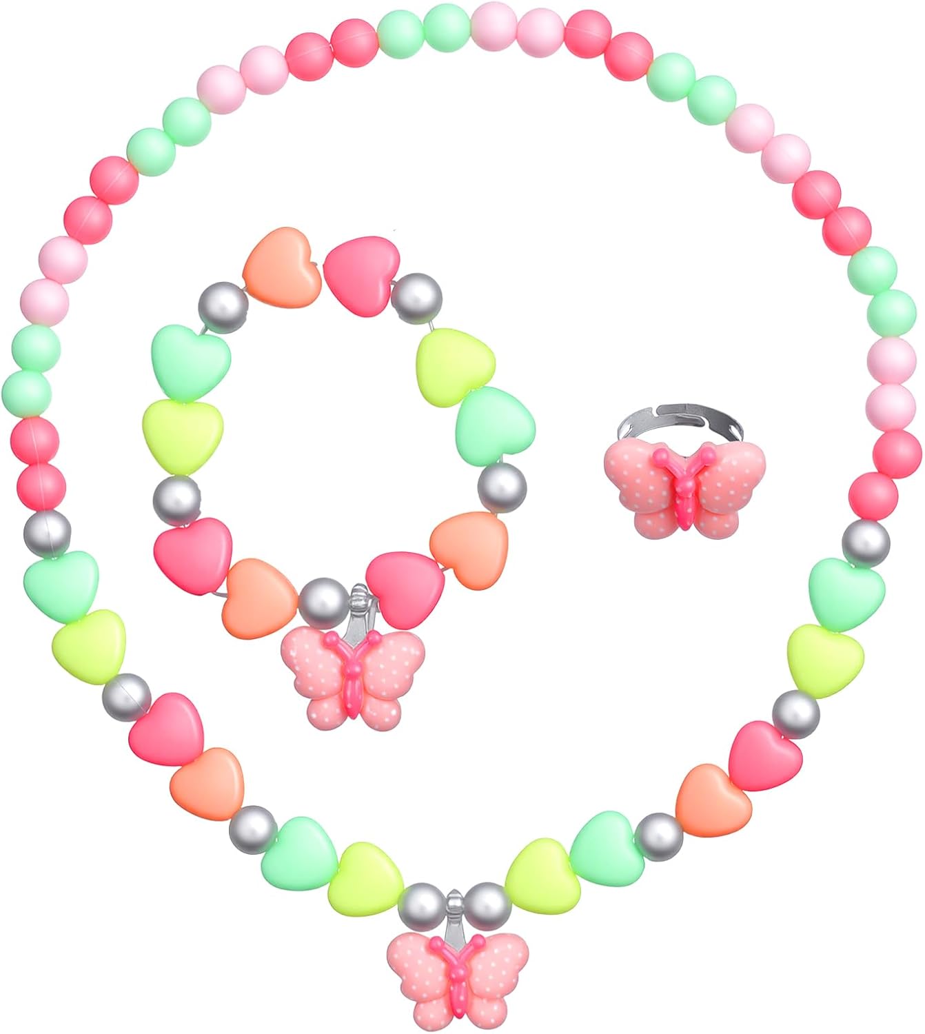 Butterfly Toddler Jewelry Set, Butterfly Stretch Necklace for Girls, Colorful Pretend Plasy Bracelet and Ring for Dress Up Accessories (Ages 3+ Birthday Gifts)