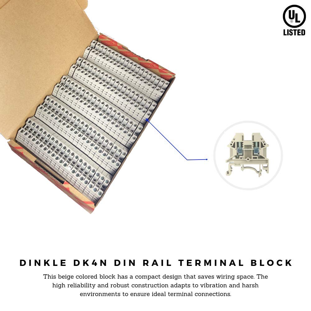 Dinkle DK4N DIN Rail Terminal Block Screw Type UL 600V 30A 10-22AWG, Pack of 100