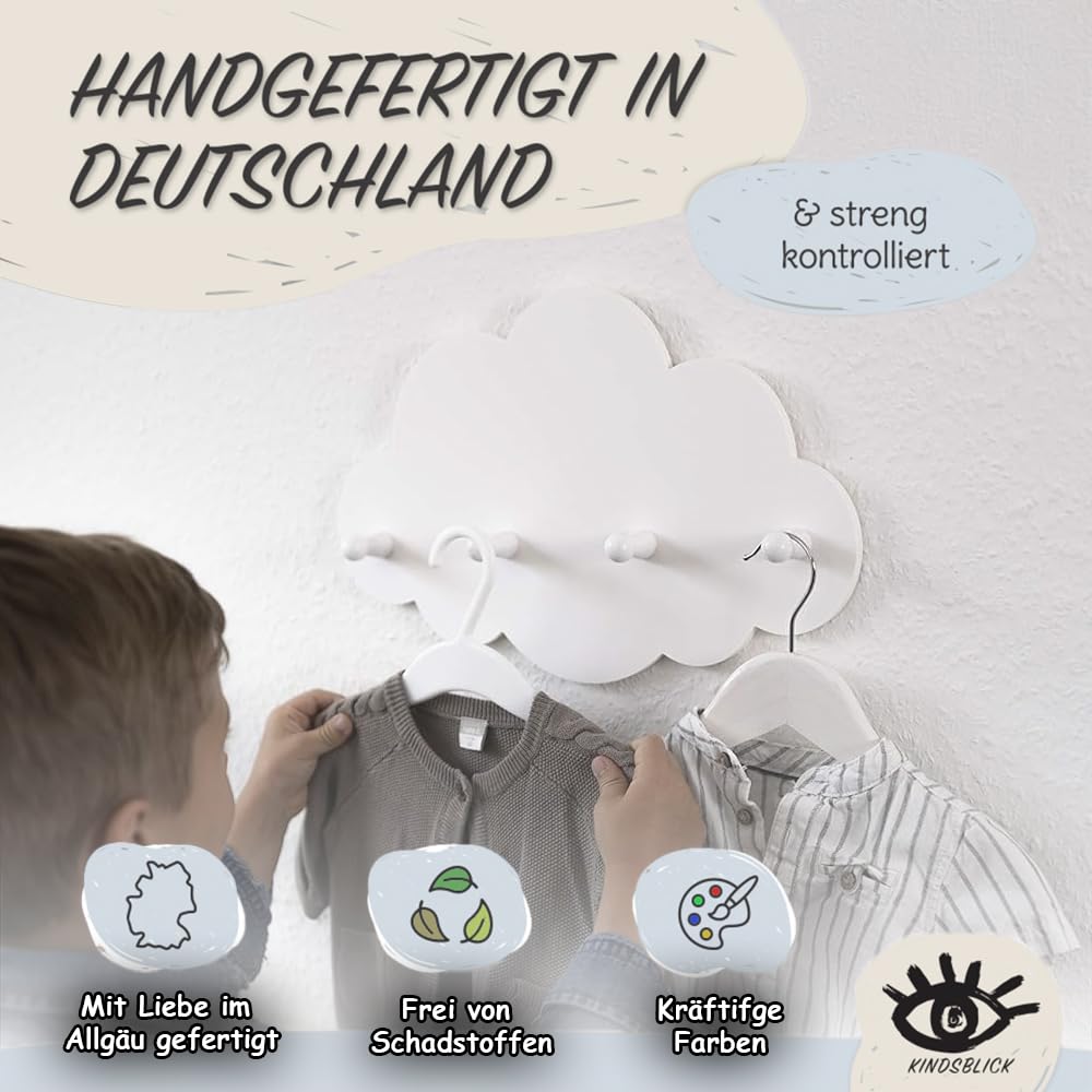 Wolkengarderobe in weiß - Garderobe mit 4 Kleiderhaken für Kinder - Wunderschöne Deko für jedes Kinderzimmer - Maße (38 x 25 x 1 cm)
