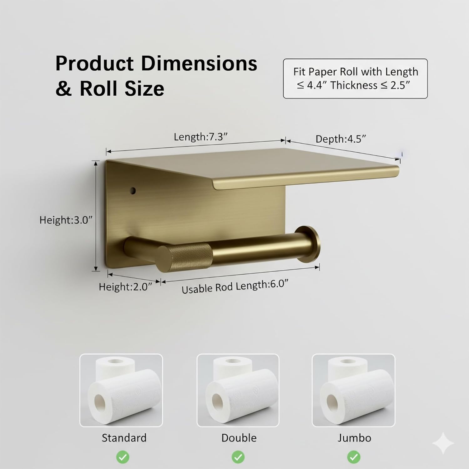 Toilet Paper Holder with Shelf, Wall Mount Toilet Tissue Roll Holder with Phone Shelf, Multifunctional Bathroom Storage Dispenser in Stainless Steel with Solid Brass Knurled Accents,(Brushed Gold)