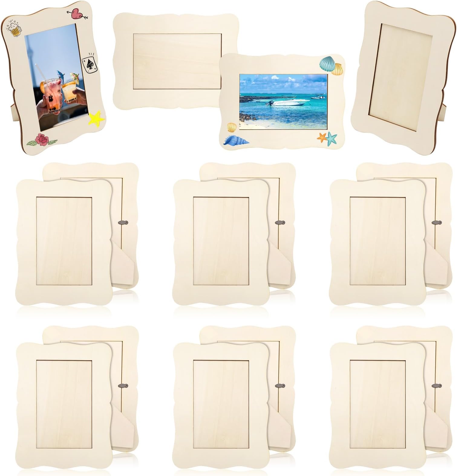 16 Pack DIY Wooden Picture Frames, 4" x 6" Unfinished Wood Wavy Photo Frames, Standing Wooden Picture Frame for Crafts, DIY Painting, Wedding and Party