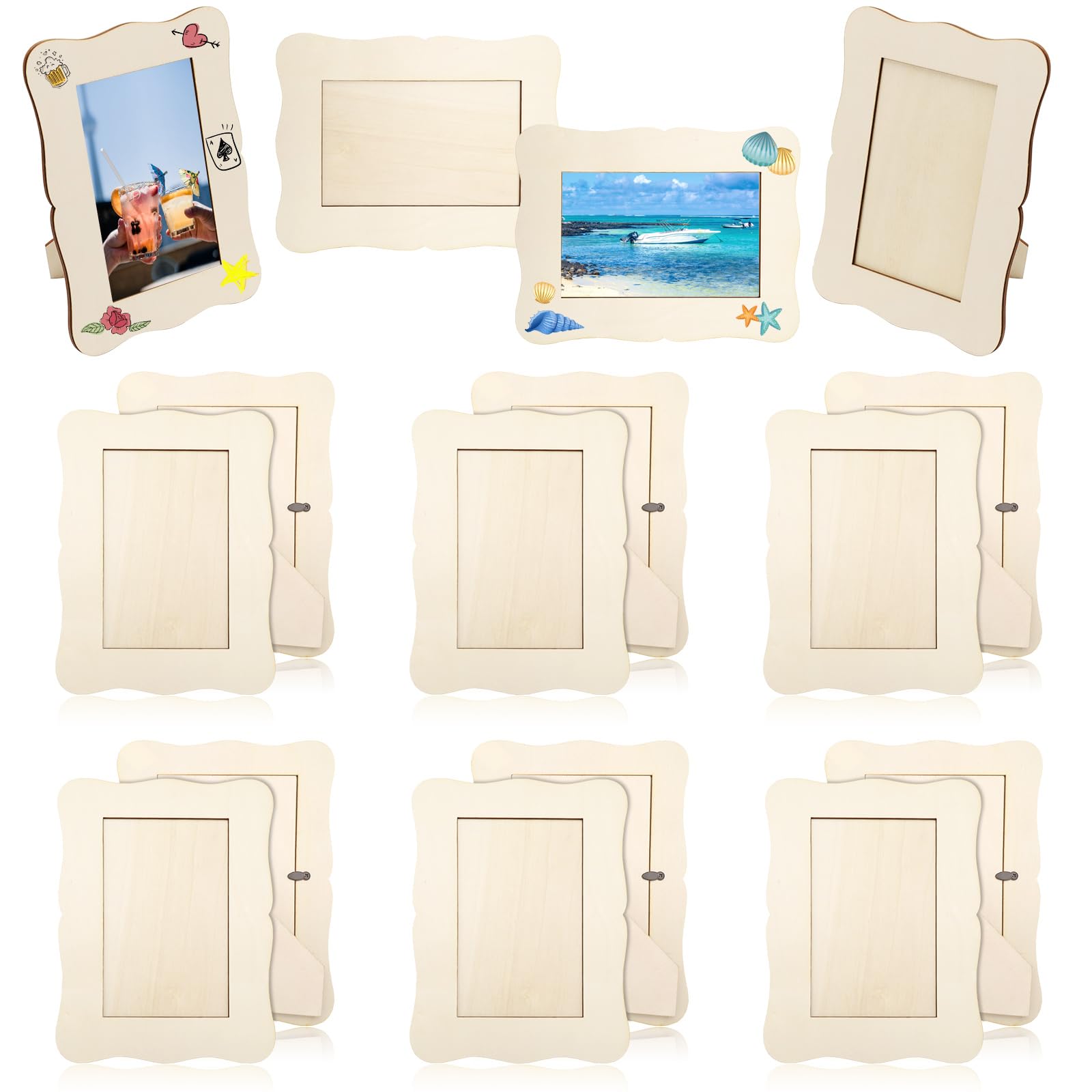 16 Pack DIY Wooden Picture Frames, 4" x 6" Unfinished Wood Wavy Photo Frames, Standing Wooden Picture Frame for Crafts, DIY Painting, Wedding and Party
