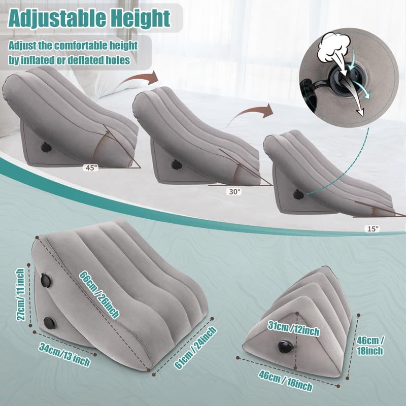 SAHEYER Inflatable Bed Wedge Pillow Set, 2 PCS Post Surgery Support Pillow for Back, Knees, Leg Pain Relief, Adjustable Sitting Pillows for Anti Snoring, Heartburn, GERD Sleeping (Grey)