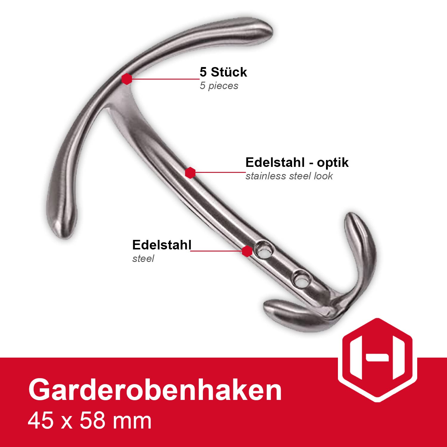 GedoTec Design Garderobenhaken Vintage Wandhaken Edelstahl gebürstet - MOON | Mantelhaken 127 x 125 mm | Doppel-Haken inkl. Befestigungsmaterial | 5 Stück - Kleiderhaken Garderobe für Wand-Montage