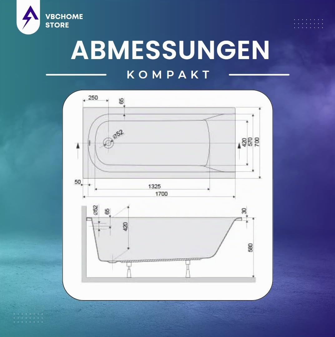 VBChome Badewanne 170x70 cm Weiß Acryl SET – Rechteckwanne mit Styroporträger, Siphon und Ablaufgarnitur in Chrom – Modernes Design, Robustes Material, Einfache Montage