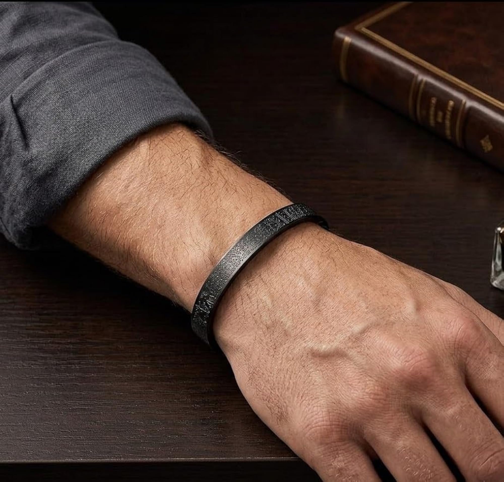 Premium Black Stainless Steel Ayatul Kursi Engraved Cuff Kada