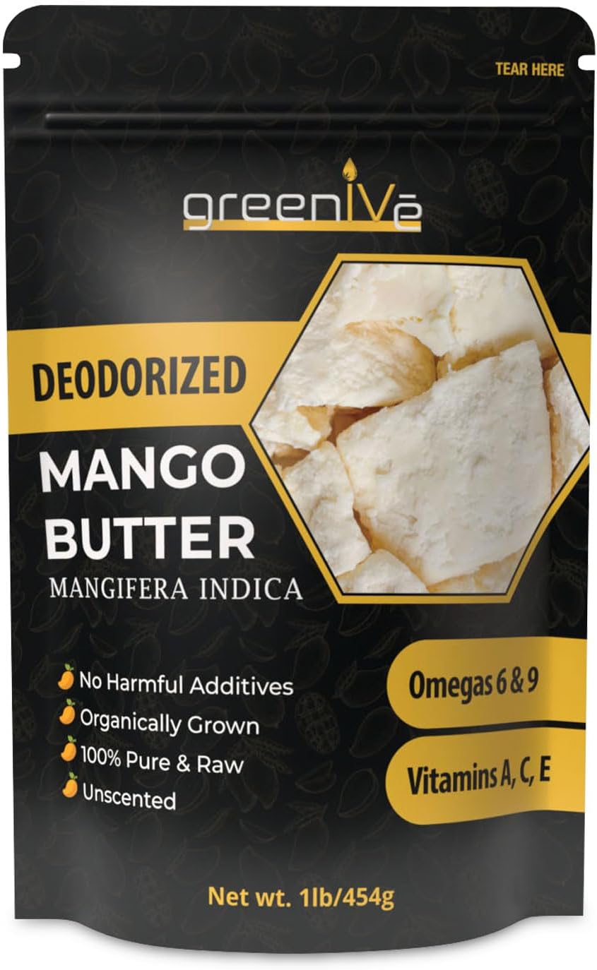 GreenIVe Deodorized Mango Butter Chuncks 100% Pure Raw Unrefined Natural Creamy Skin Hair Moisturizer Hydrating Body Butter Lotion Lip Balm Soap Making DIY Cosmetics Whipped Creams Food Grade 16oz