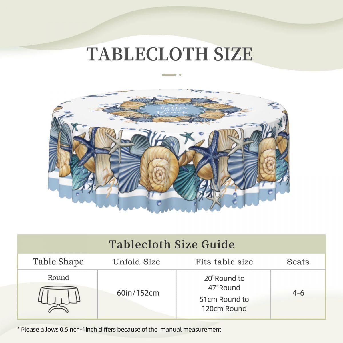 Nautical Tablecloth, Tropical Coastal Ocean Seashell Summer Beach Seasonal Boho Water Resisitant Wipeable Table Cover for Dining Kitchen Living Room Home Party Holiday Decor 60 inch Round