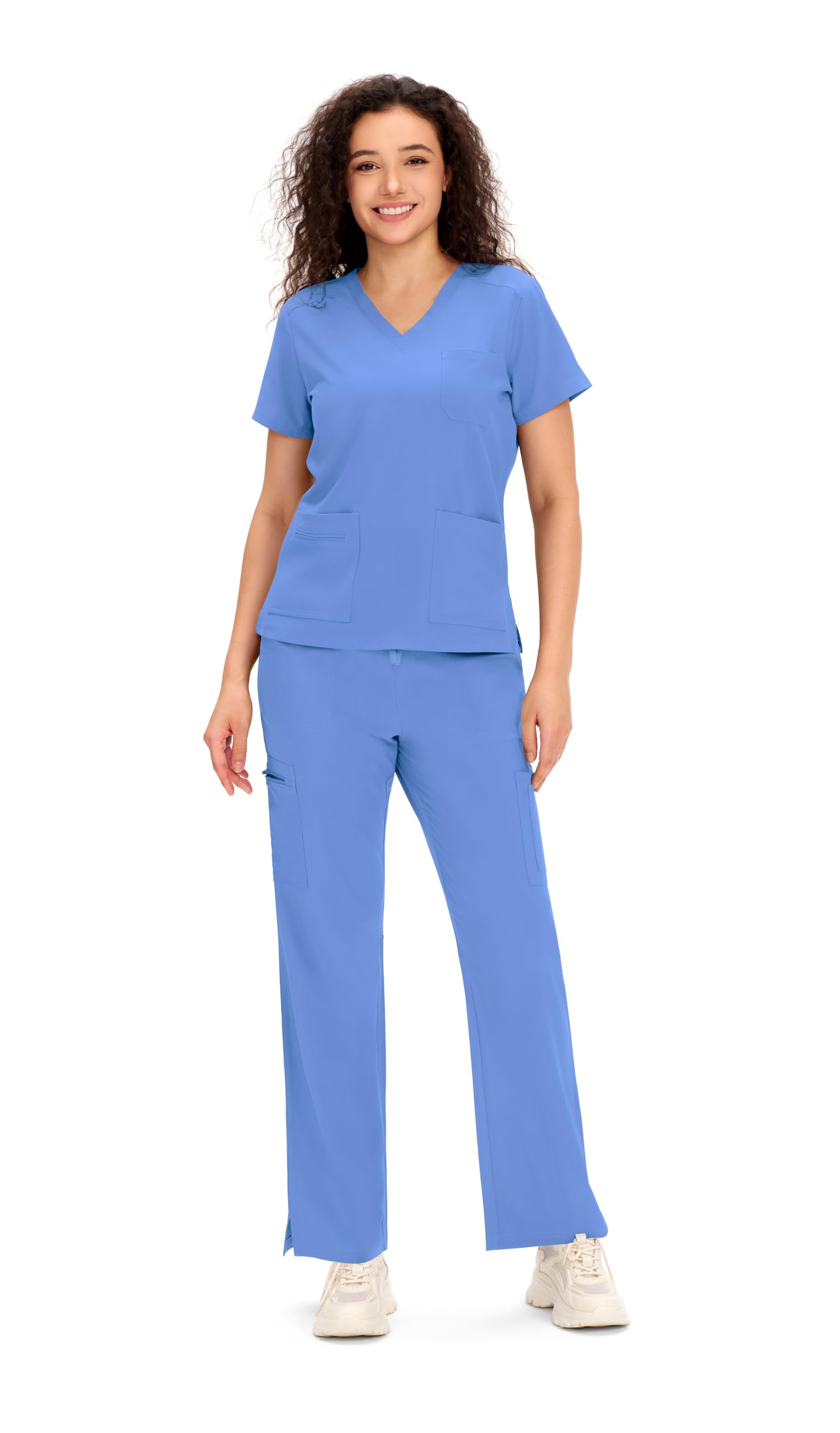 COZYFIT Scrubs for Women - COZY SCRUBS V Neck Top and Bootcut Cargo Straight Pants with 12 Pockets