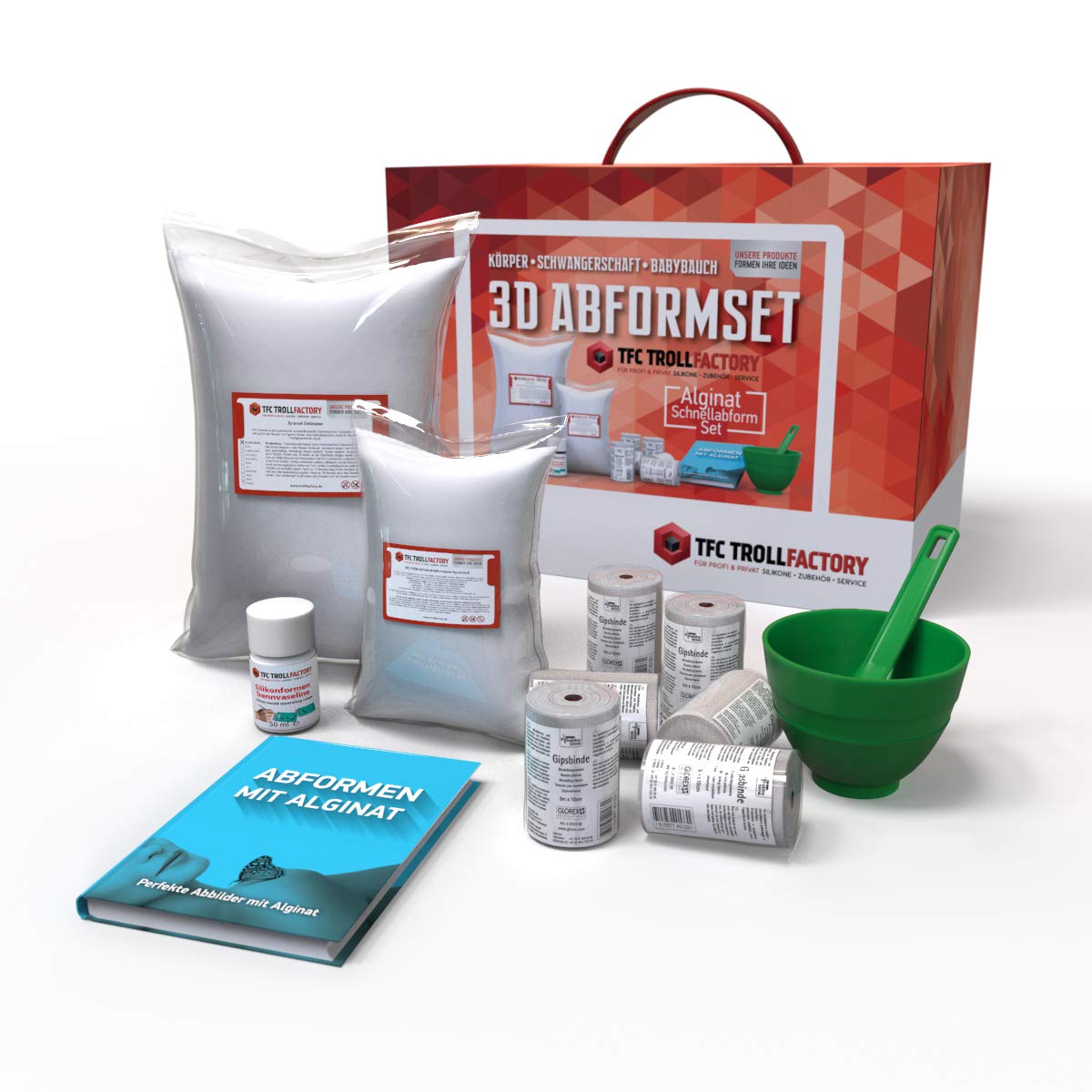 TFC 3D Körper Schwangerschaft Bauch Abformset: 2kg TFC Alginat Premium Abformmasse 9-11 Min 6,0kg TFC Xyrarock Giessmasse 4:1 6X Gipsbinde Trennvaseline Becher Spatel Fachbuch „Abformen mit Alginat“