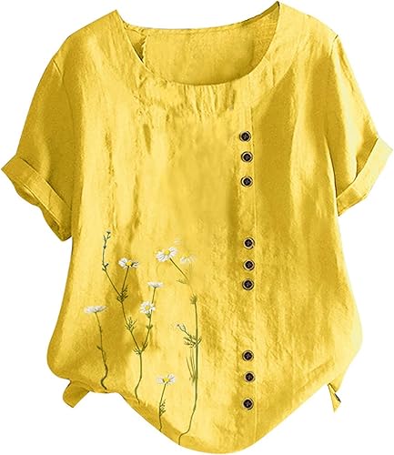 Camisetas casuales con cuello redondo para mujer, manga corta, estampado floral, sueltas, talla grande, algodón y lino, blusa de verano