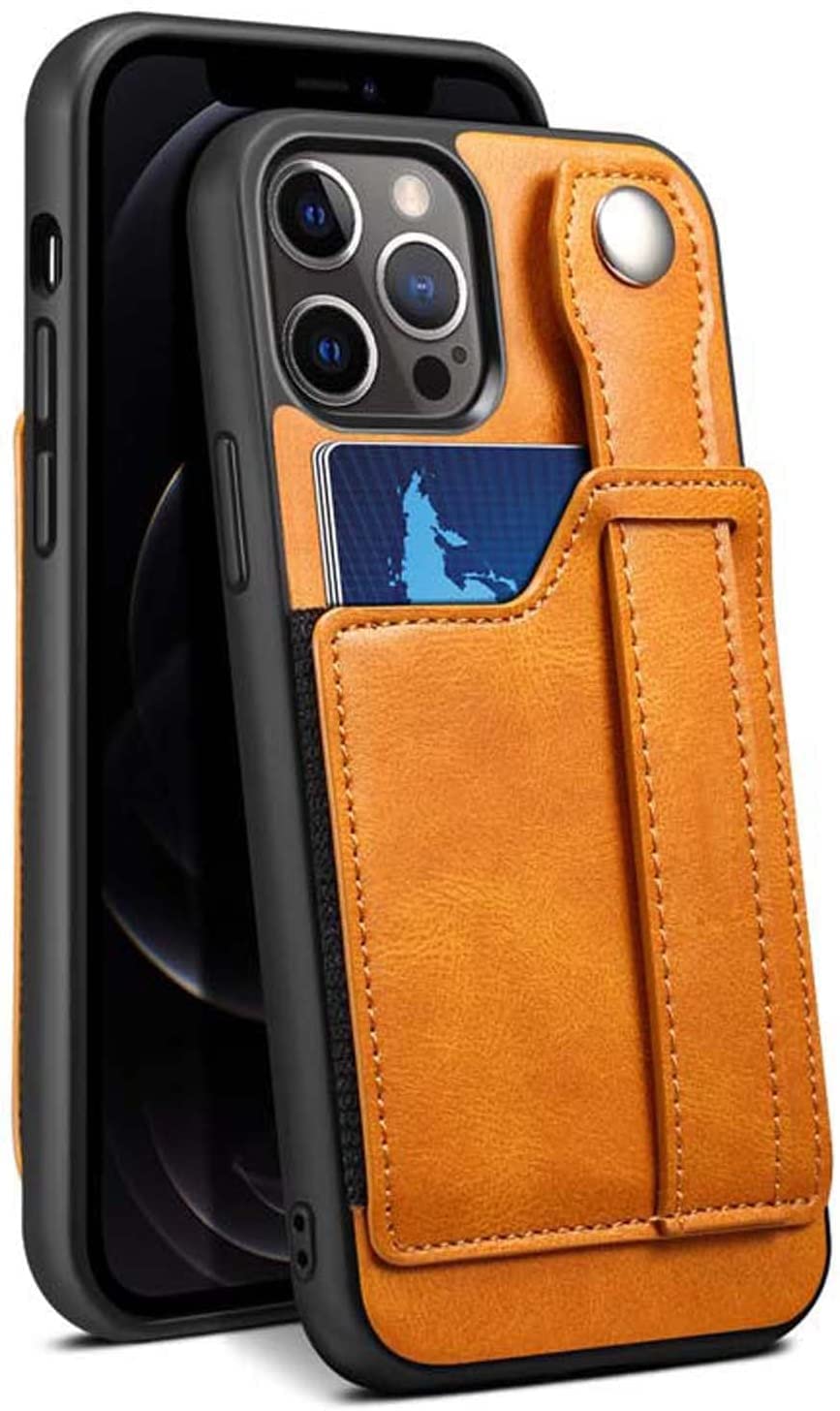 Étui en cuir kaki iPhone 13 avec porte-cartes et dragonne