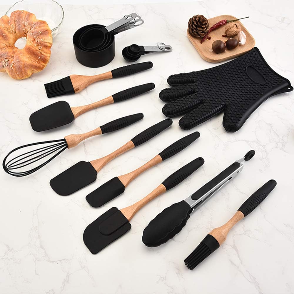 WEJIQHFEN Spatula Set, Silicone Kitchen Utensils Set with Spatulas, Basting Brushes, Whisk, Measuring Cups and Spoons, Tongs, 11 Pcs Heat Resistant Spatula Set for Baking, Cooking and Mixing (Black)