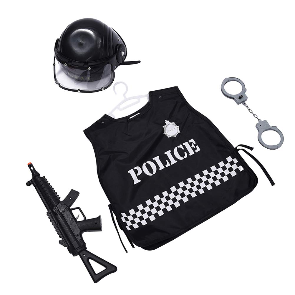 Amosfun 4 Pcs Kids Police Uniform Handcuffs Toy Gun Helmet Vest Cosplay Costume Props Halloween Dress up Accessory for Children