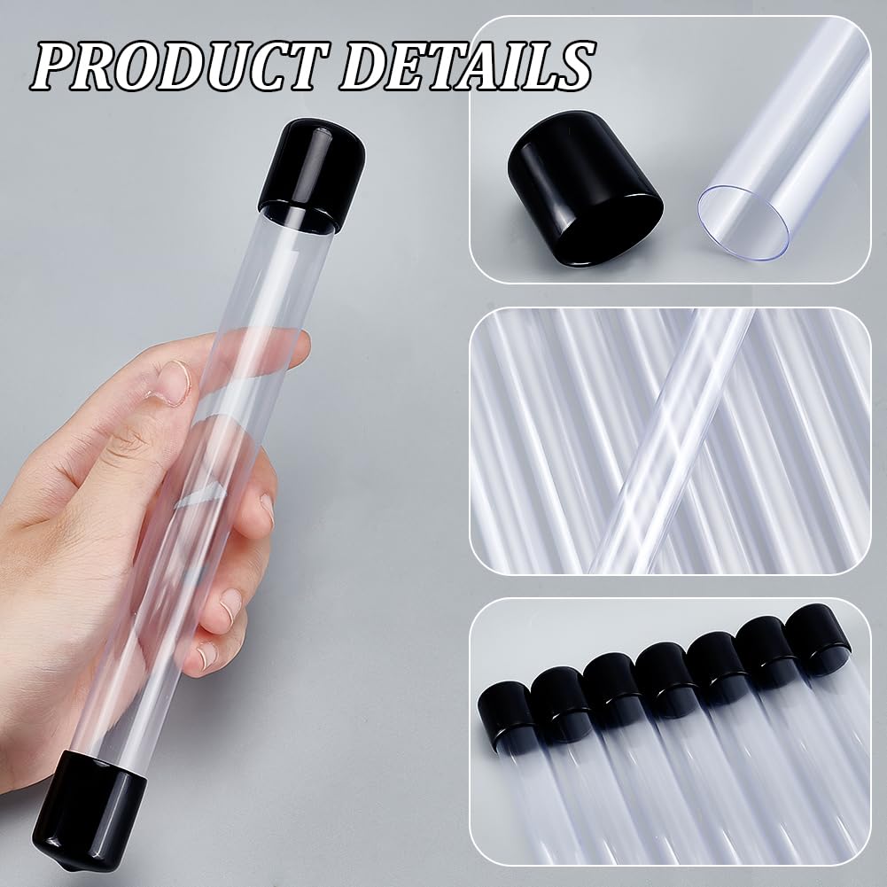 AHANDMAKER Lot de 8 tubes de rangement vides en plastique rigide transparent de 21 cm de long avec bouchons en caoutchouc noir pour conteneurs de perles, artisanat, bricolage, noir