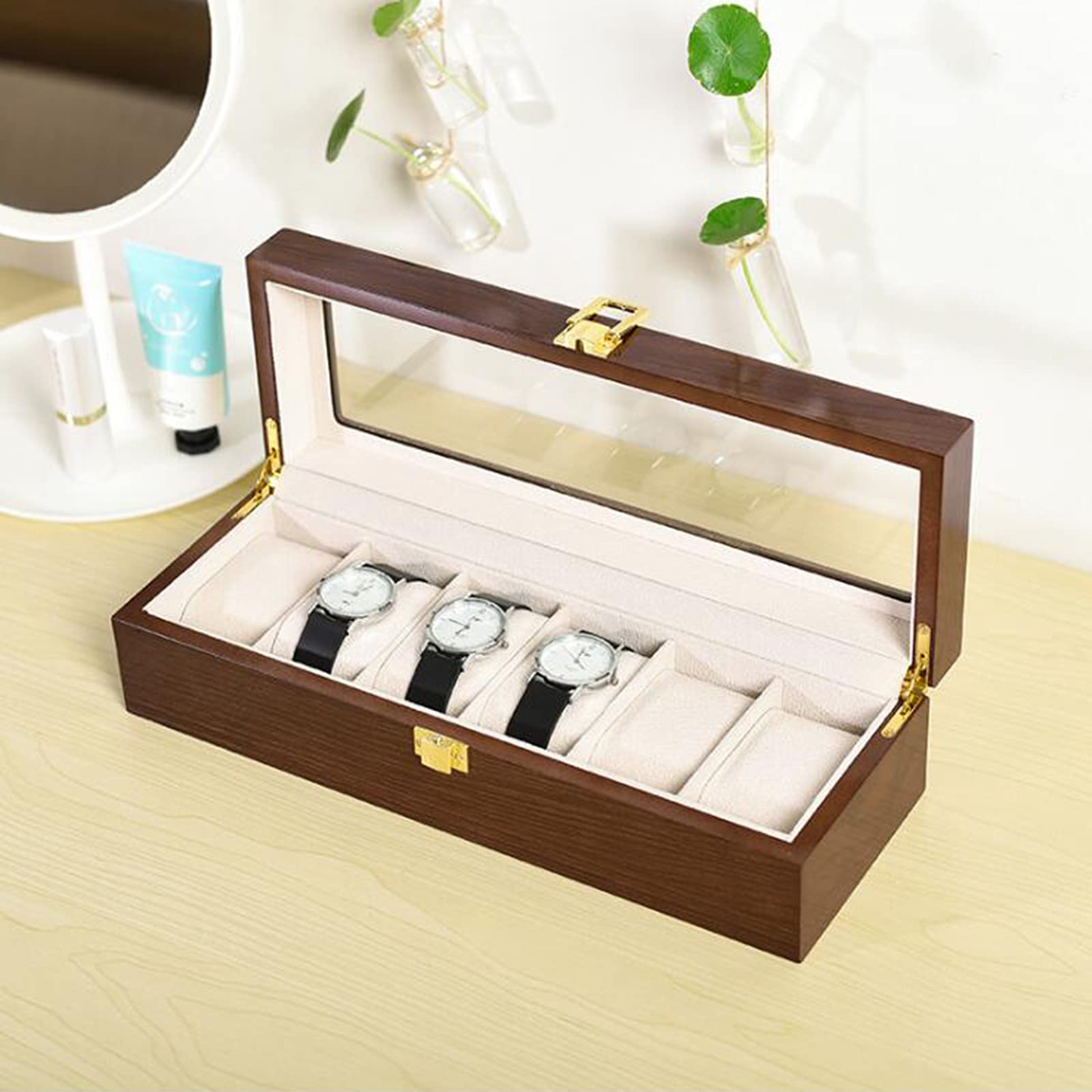 HVMBEUGOS Watch Storage Box Watch Display Holder Case Brown Solid Wooden Jewelry Bracelet Collection Organiser with Glass Lid (6 Slots)