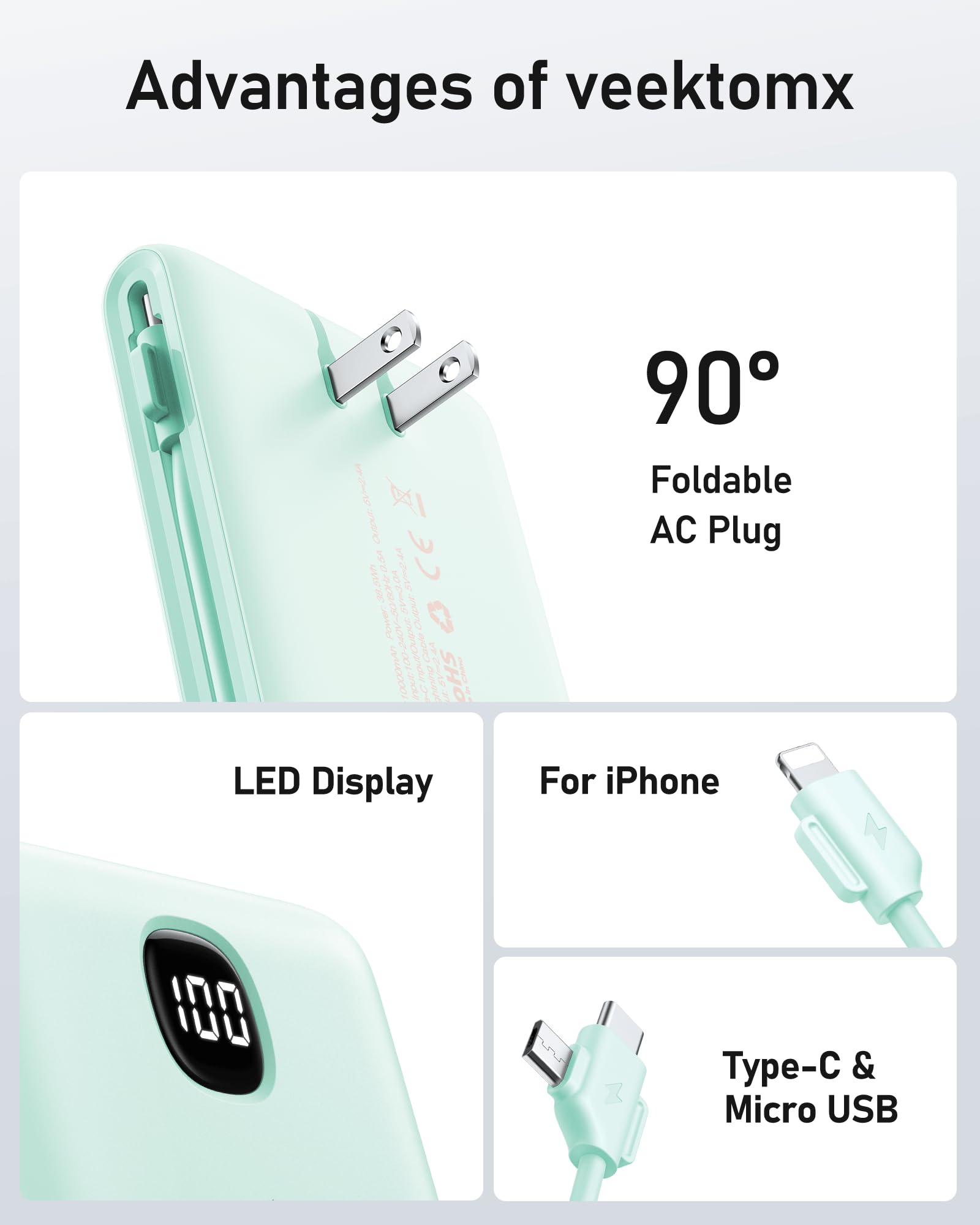 VEEKTOMX 10000mAh Portable Charger with Built-in Cables & Wall Plug view 8