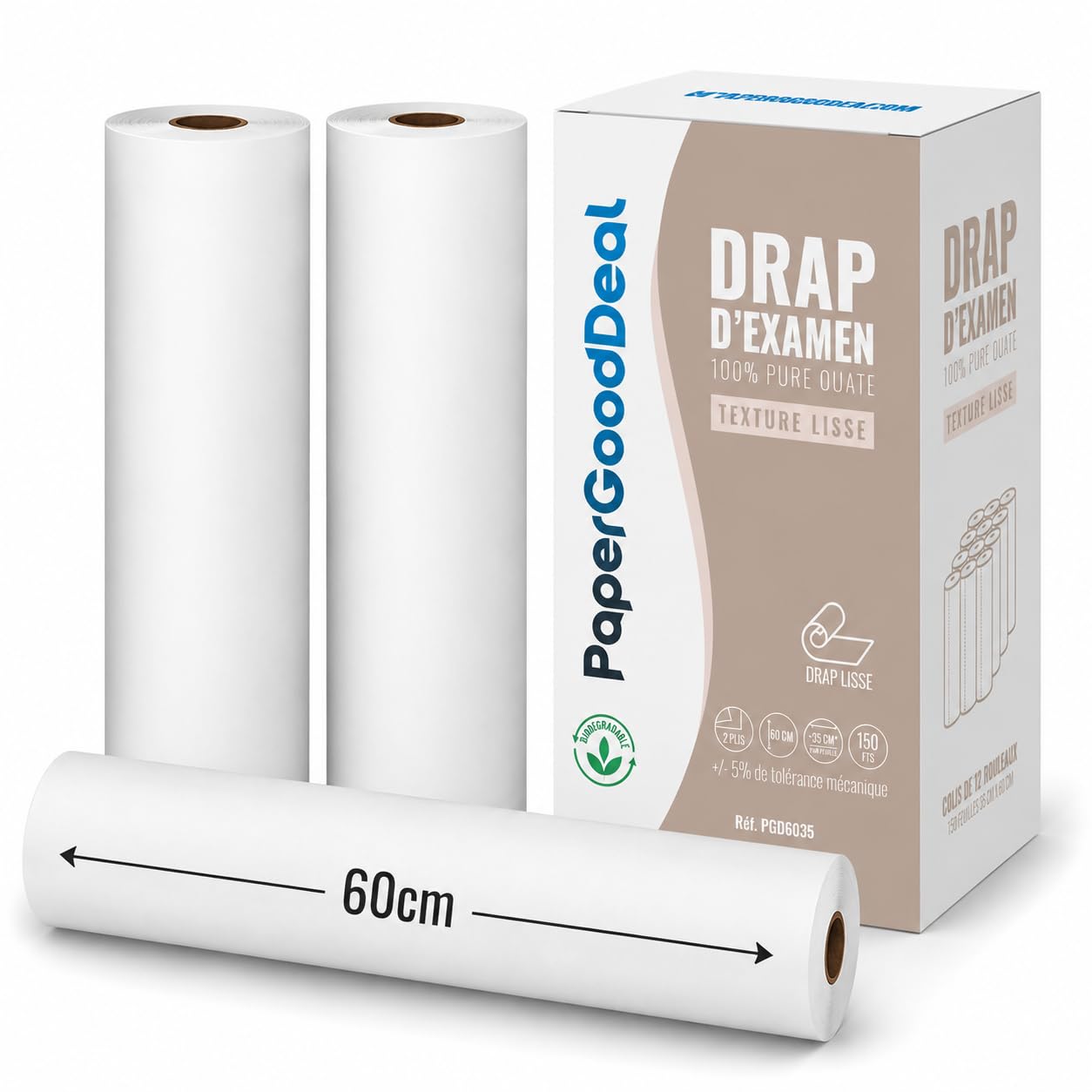 12 rollos de 150 hojas, sábanas de examen de gran ancho 60 cm, 2 capas de 2 x 19 g/m² para mesa médico-masaje-cuidado estético naturópata 100% pura guata de celulosa precortada cada 35 cm