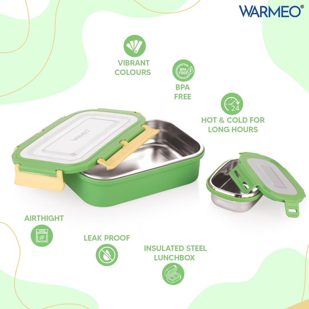 WARMEO Delight - Lonchera hermética de acero inoxidable aislada a prueba de fugas con tapa de cierre de clip, peso ligero, fácil de limpiar, perfecta para oficina, escuela y picnic (800 ml + 150 ml