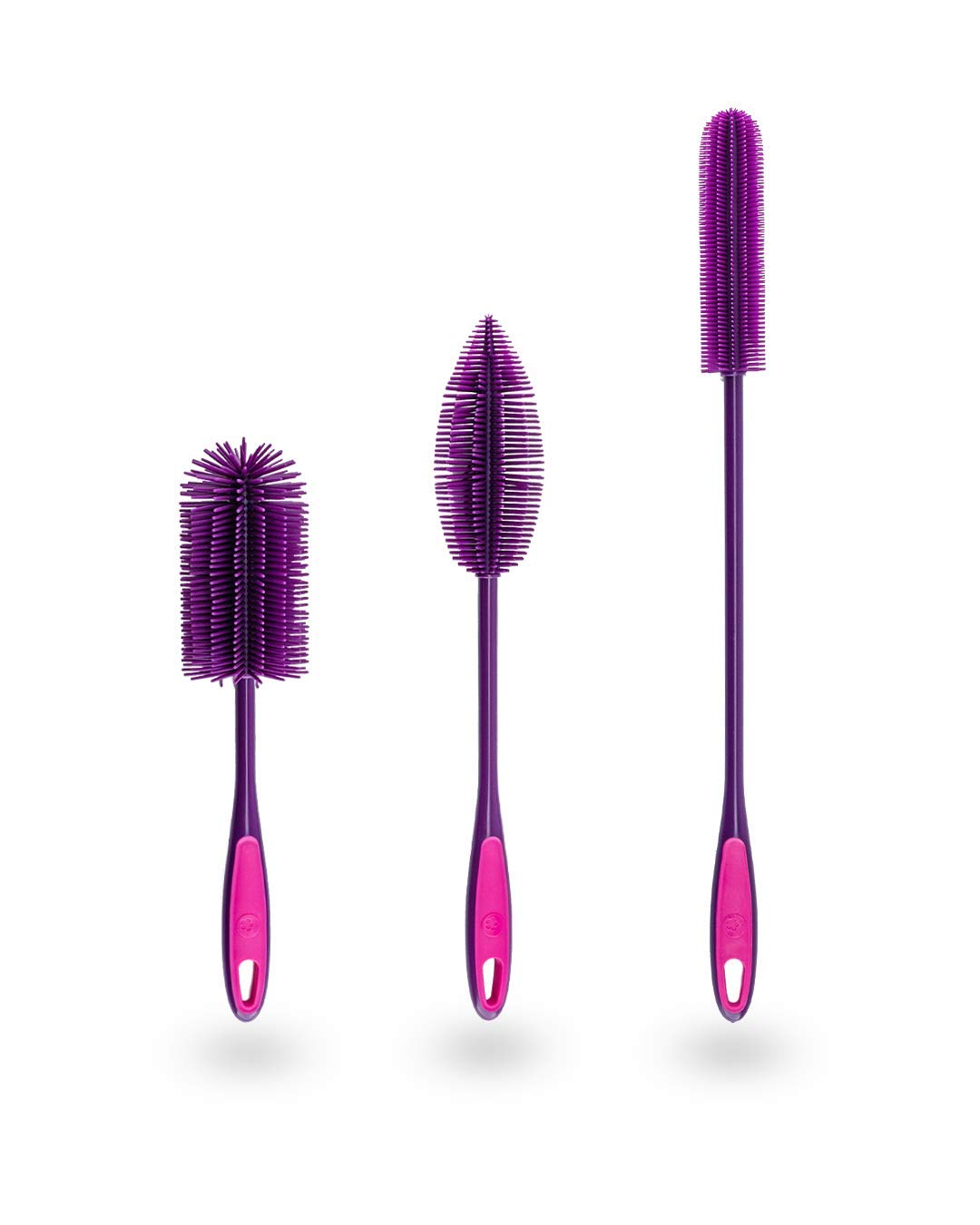 Kochblume Silikonbürsten 3er Set mit Wechselköpfen | Flaschenbürste, Spülbürste, Antibakteriell, Keimfrei (lila)