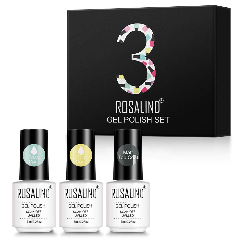 ROSALIND Esmaltes Semipermanentes de Uñas en Gel UV LED, 3pcs Kit de Esmaltes de Uñas Base y Top Coat y Matte Top Coat Semipermentes para Manicura