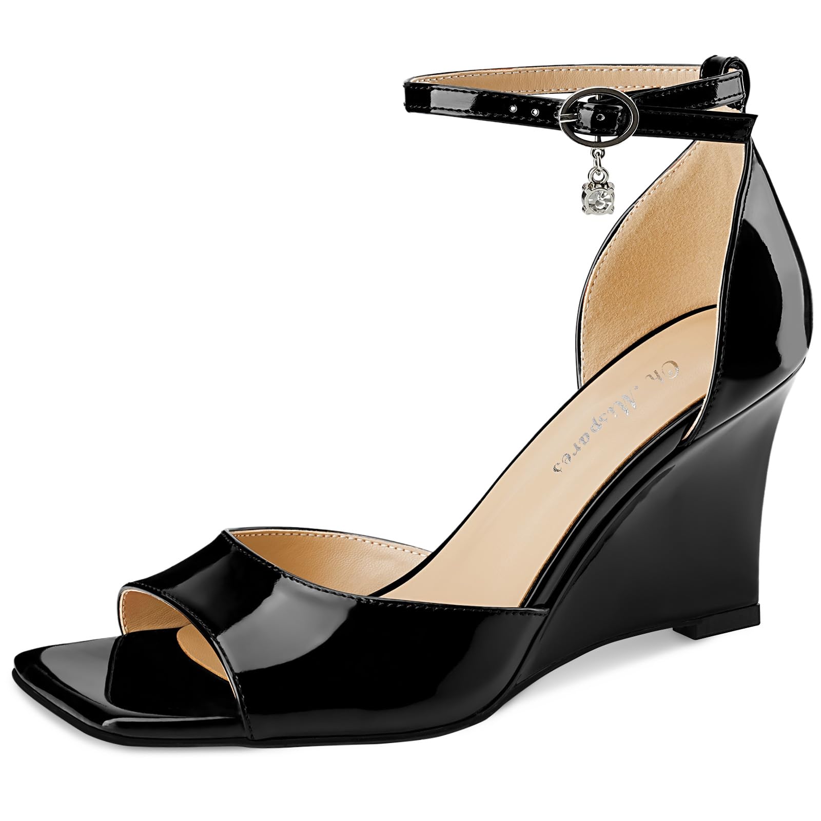 Oh Mispares Black Wedge Heels for Women Square Toe Sandals Ankle Strap 3.5 Inch Elegant Wedding Sandals for Brides