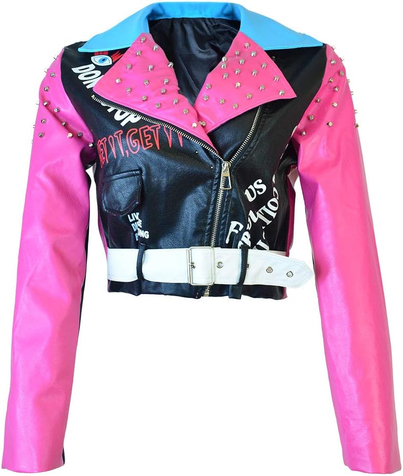 HOMELEX Women's Faux Leather Motorcycle Jacket PU Slim Pink Studded Short Biker Coat