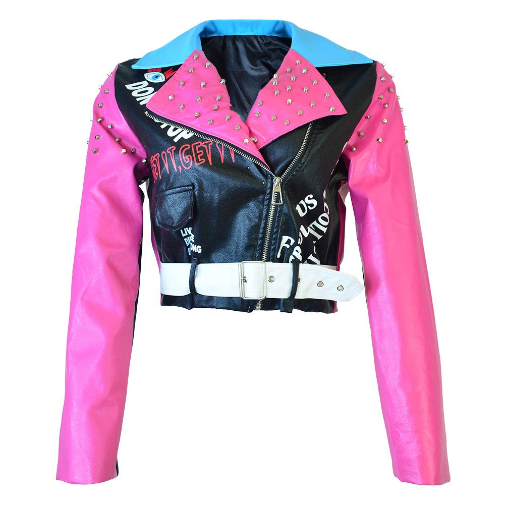 HOMELEX Women's Faux Leather Motorcycle Jacket PU Slim Pink Studded Short Biker Coat
