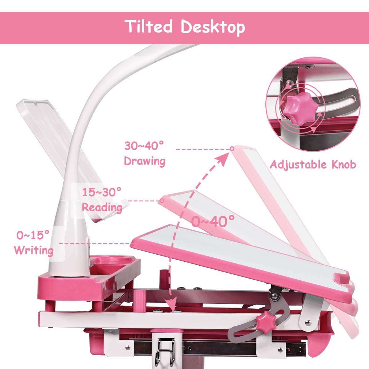 COSTWAY Set Scrivania e Sedia per Bambini 3-12 Anni, Altezza e Angolo Regolabile e Multifunzionale, Con Lampada di Protezione per gli Occhie Cornice per la Lettura (ROSA)
