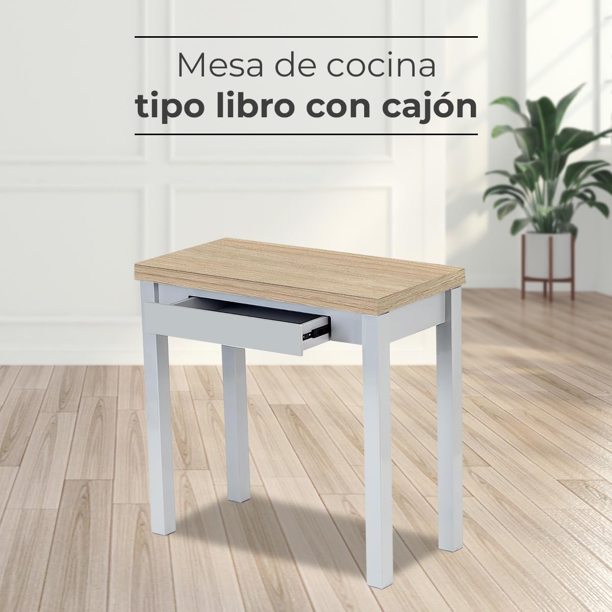 ASTIMESA Tipo Libro Tavolo da Cucina, Metallo Vetro Legno, Rovere Raw, 80x40cm