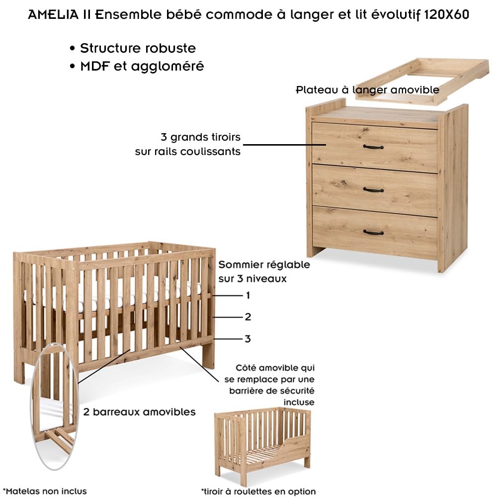 Mon Mobilier Design Amelia II Ensemble bébé Commode à Langer et lit évolutif 120x60 Chêne avec tiroir