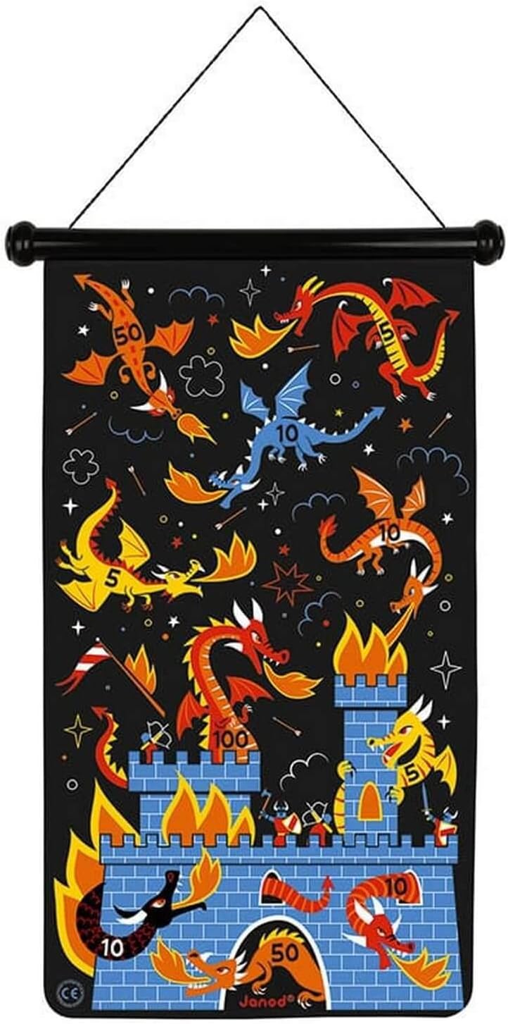 Janod - Magnetic Dartboard with Dragons and Knights Theme - Two-Sided - Game of Skill - Teaches Agility and Concentration - 6 Darts - from 4 Years, J02084