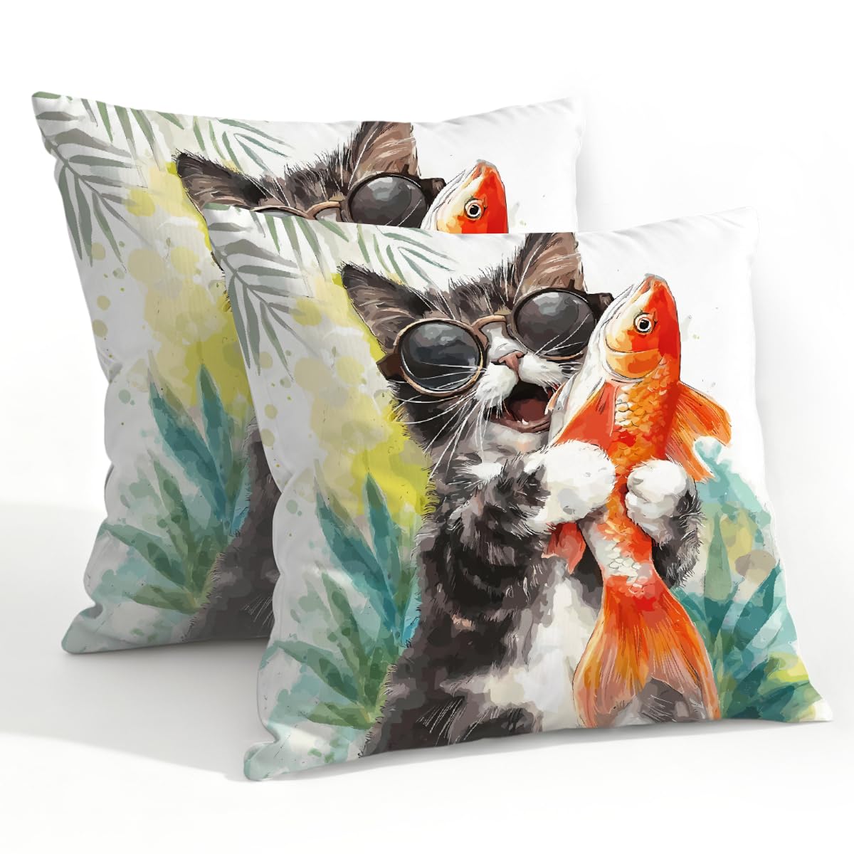 Outdoor Pillow Covers Waterproof Pillowcases 22x22in Set of 2 Funny Cat Holding Fish Art Decorative Throw Cushion Case for Couch Sofa Garden Patio Furniture