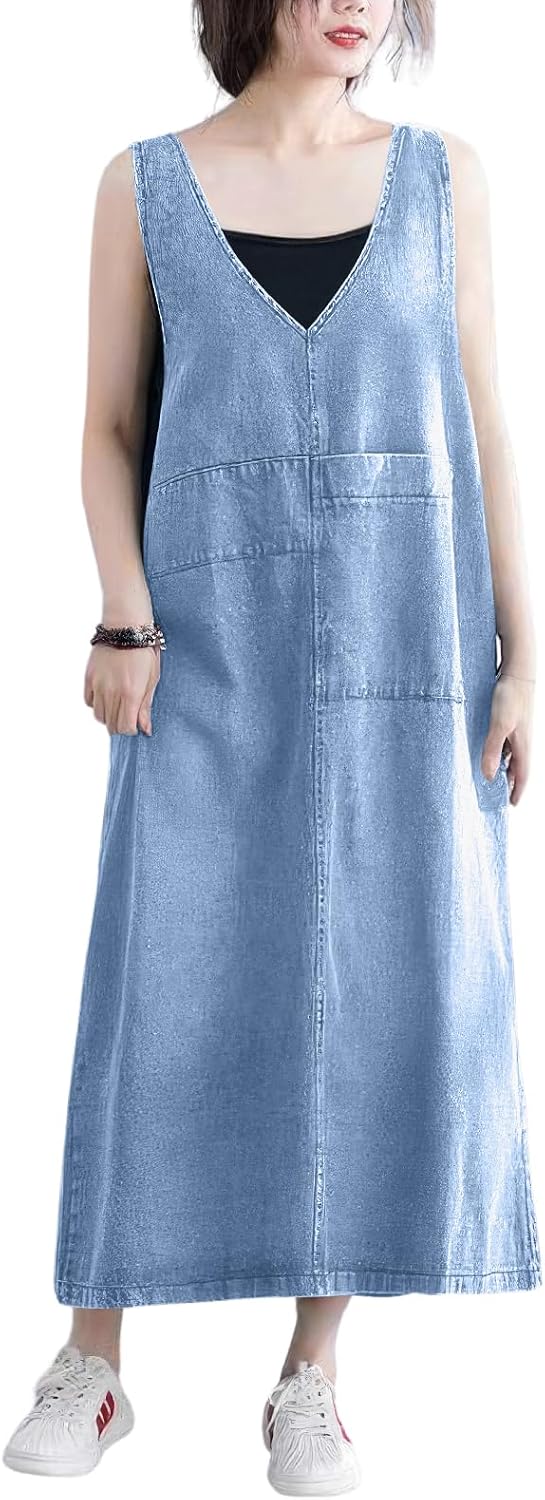 ebossy Casual Loose Denim Overall Jumper Dress Women's Back Slit Pinafore Long Jean Dress with Pockets