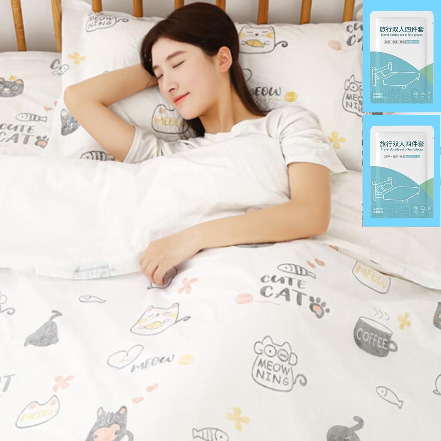 Disposable Bed Sheets 2 pack Travel 8 Pieces, with 2 Bed sheets 2 Quilt Cover and 4 Pillowcase, Disposable Bedding -Travel Bedding Disposable Sheets for Business Travel Hotel Essentials