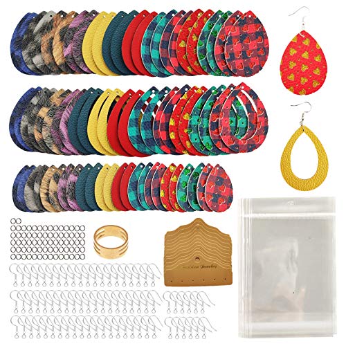 AOUXSEEM 241 Pcs Faux Leather Earrings Making Kit for Beginner, Contains 72 Pre Cut Hollow Teardrop Earring Pieces with Hooks Jump Rings Opener Earring Display Cards and Self-Adhesive Bags