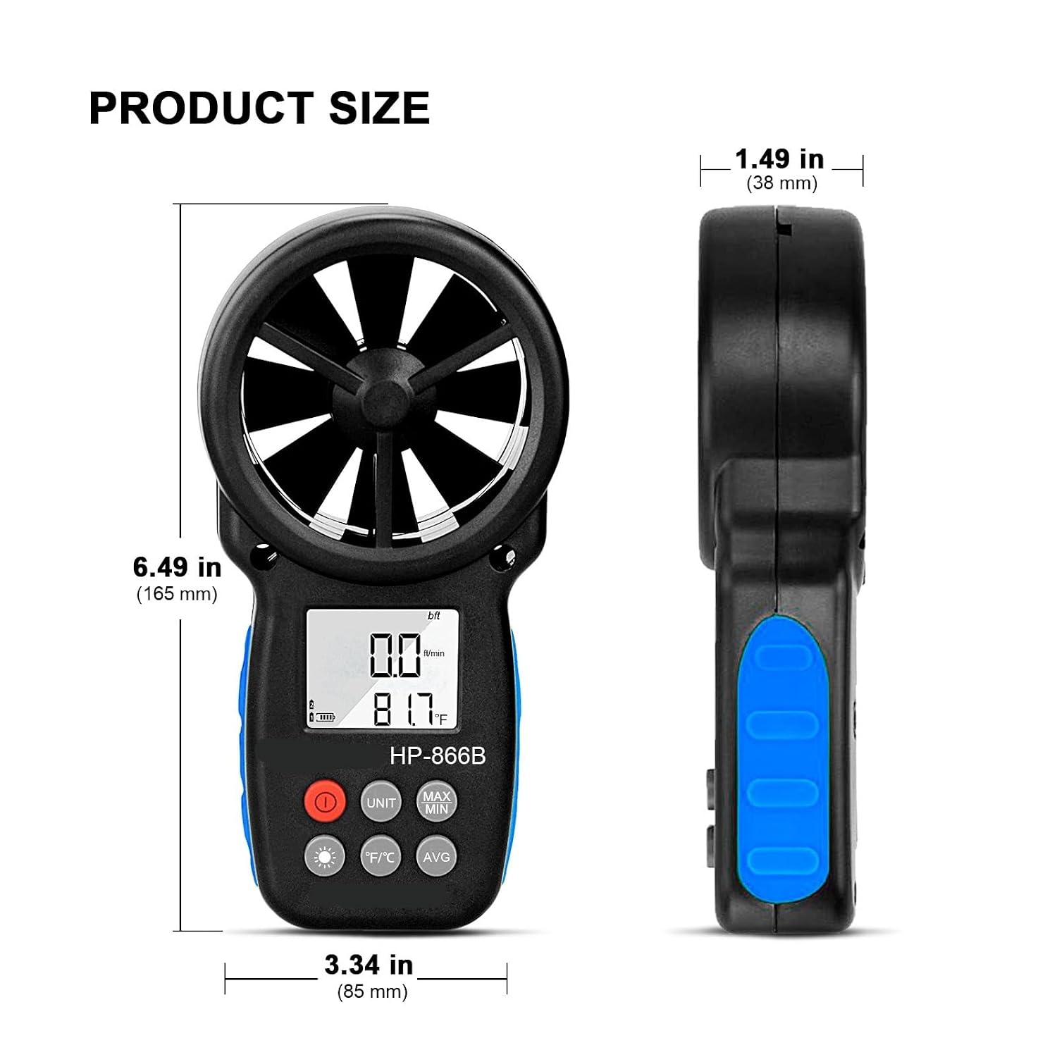 -866B Anemometer Measures Wind Speed and Temperature and displays Wind chill Index. Handheld