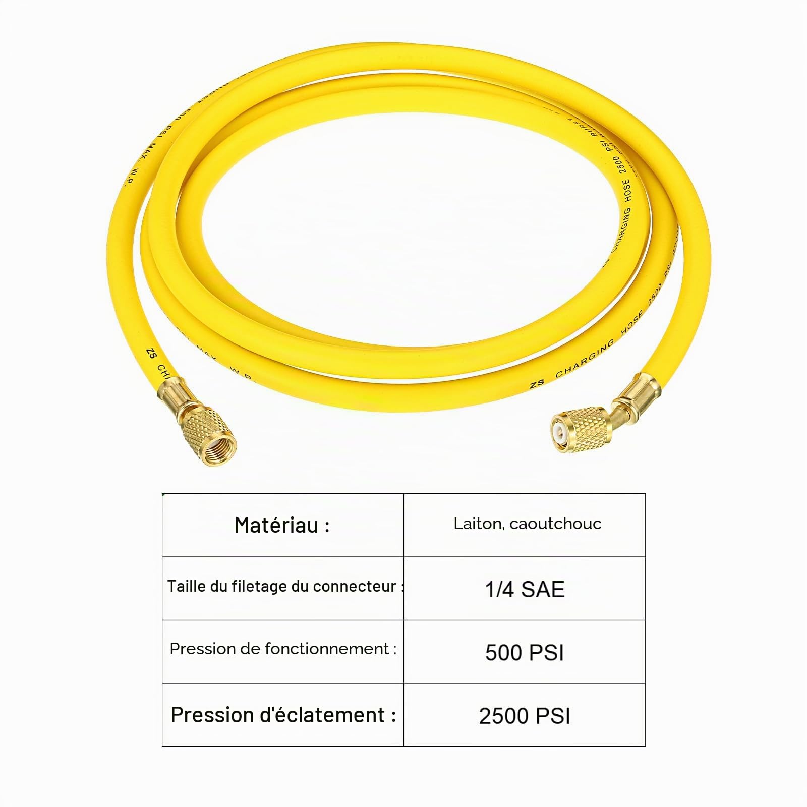 PATIKIL 1/4 SAE refroidisseur Charge Tuyau, 8ft 500 PSI 2500 PSI Collecteur Jauge Tuyau avec Ca Adaptateurs pour Air Climatiseur HVAC Réfrigération, Jaune
