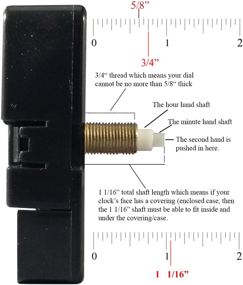 Dhorcas (#03M) Quartz Clock Movement Kit for Replacement, 1/4", 1/2", 3/4" and 1" Threaded Motor and Mix-Match Color Sets of Long 5" Hands (Silver, red, Black 3/4" Thread w/Hanger)
