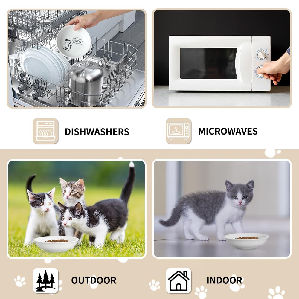 HAPPY KIT Katzennäpfe, 12,7 cm breit, flacher Futternapf für Innenkatzen, niedlicher Teller/Schale/Geschirr-Set mit rutschfester Linderung von Schnurrhaar-Müdigkeit für Kätzchen, mikrowellen- und