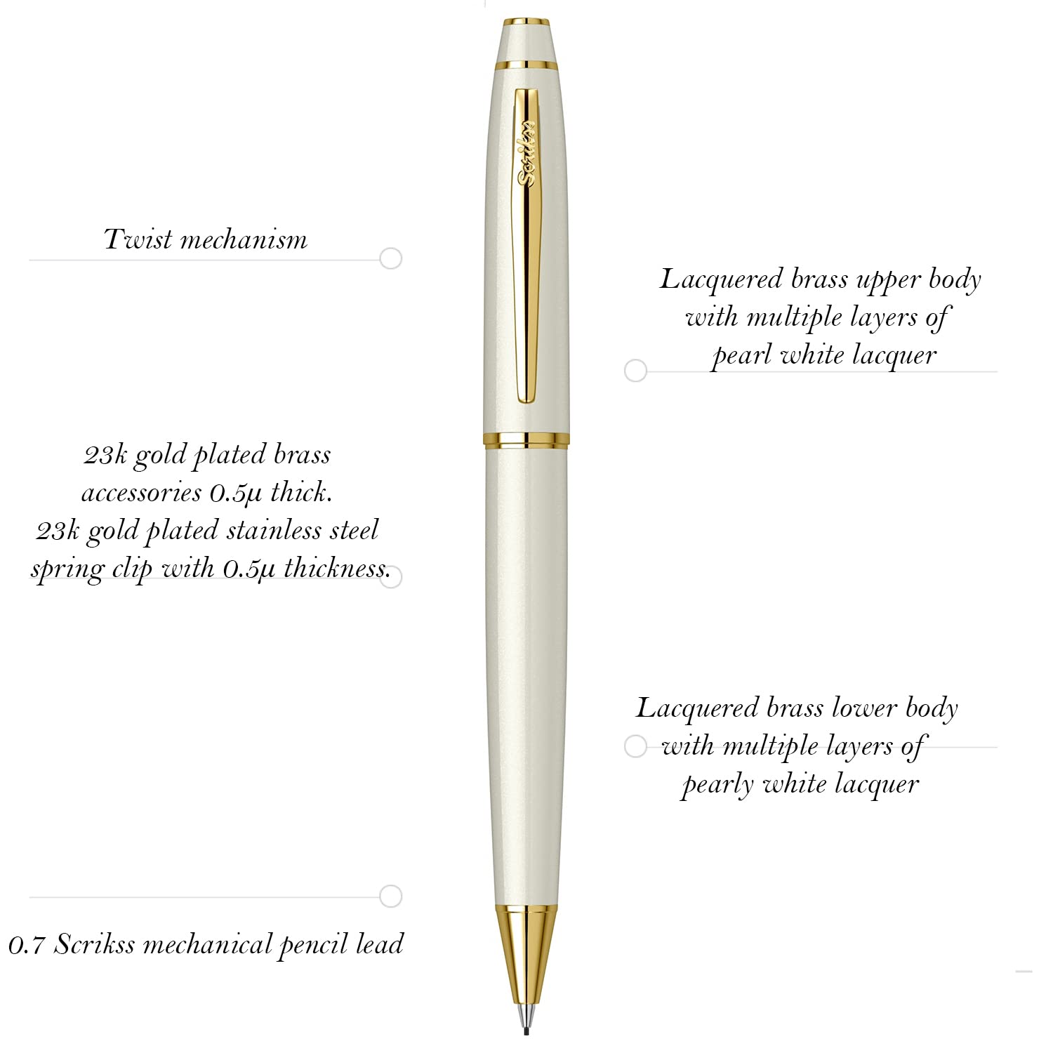 Scrikss Noble 35 Pearl White Finish ołówek mechaniczny, pozłacane wykończenie, mosiężny korpus pokryty wieloma warstwami białego lakieru, ołówek ołowiany 0,7 mm, kolekcja Elegance 78706