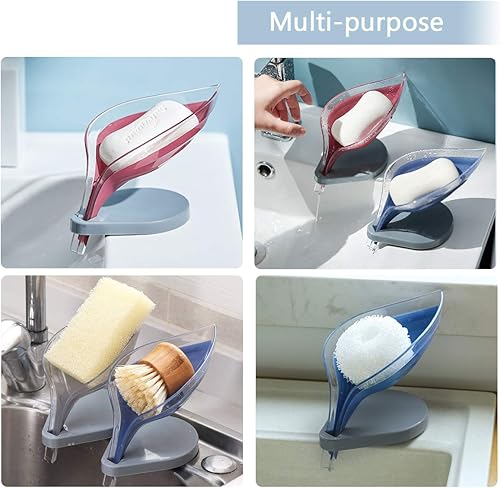 Miniatura 7 de Jabonera en forma de hoja, jabonera autodrenante para jabón de barra, bandeja decorativa de jabón de plástico, caja de jabón con ventosa para ducha,