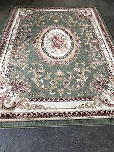 Traditional Oriental Aubusson Floral Area Rug Persian Green Burgundy Beige Design 602 (5 Feet 3 Inch X 7 Feet 2 Inch) #TOP2