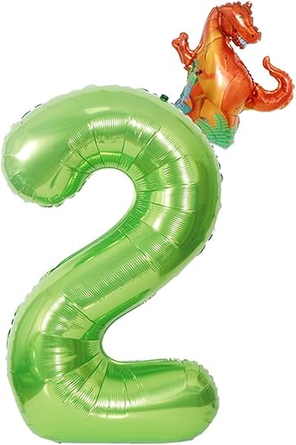 Keriloo Globos de 40 pulgadas con el número 2 de color verde con lámina de dinosaurio desmontable, helio, decoración de cumpleaños para fiesta de