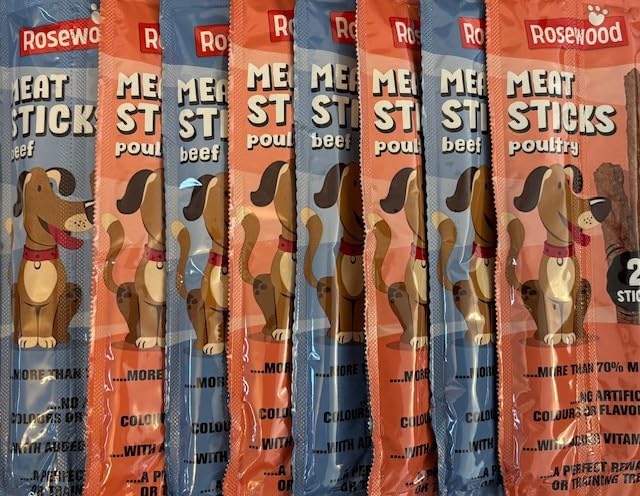 Rosewood Meat Sticks Variety Pack (Beef / Poultry) - 8 Packets / 16 Stick Treats