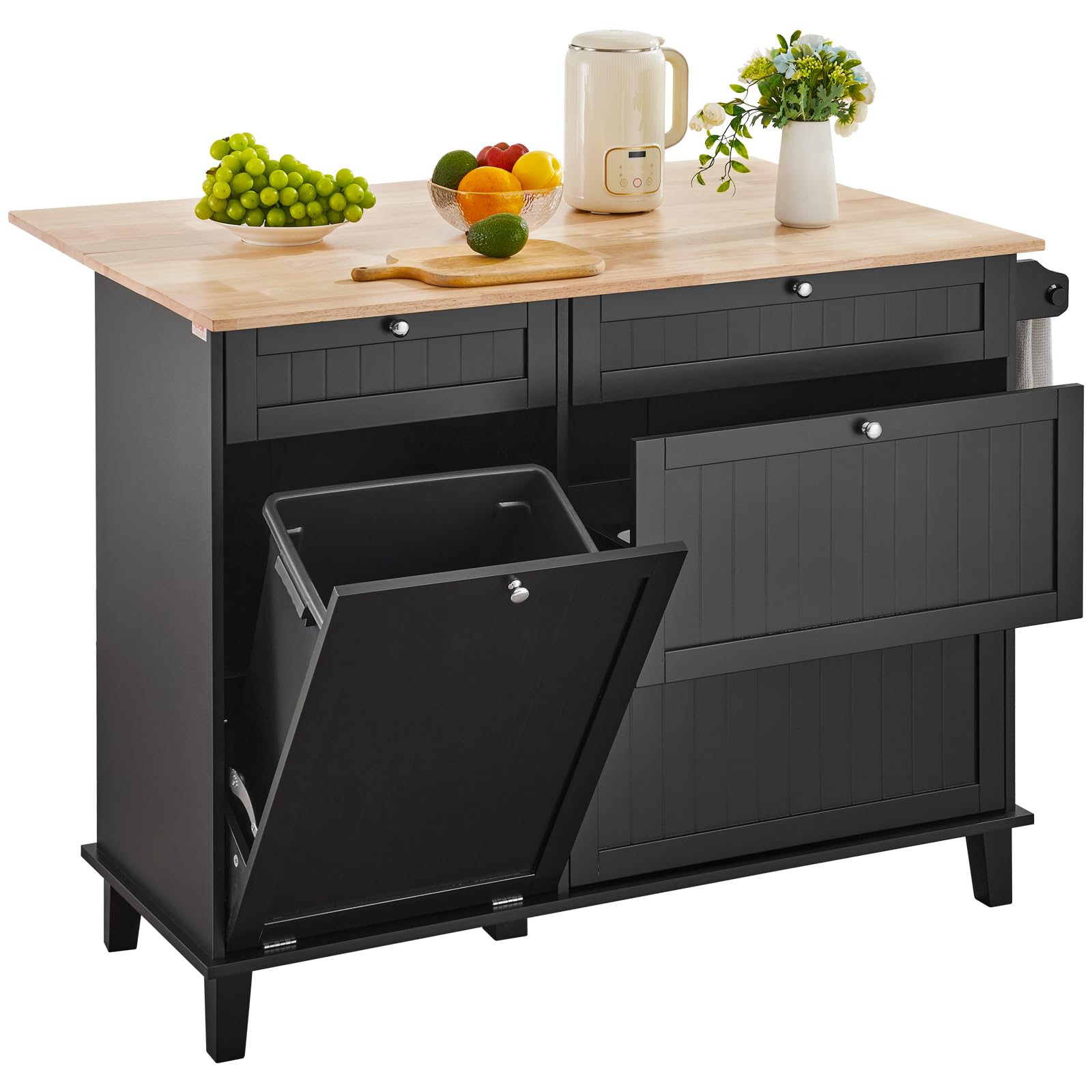VEVOR Carrito de Cocina con Isla, Barra de Desayuno de Madera con Gabinete para Basura, Inclinable, Mesa Comedor Estilo Granja con Hojas Abatibles, Barra para Toallas, Cajón, Negro 1280 x 740 x 930 mm