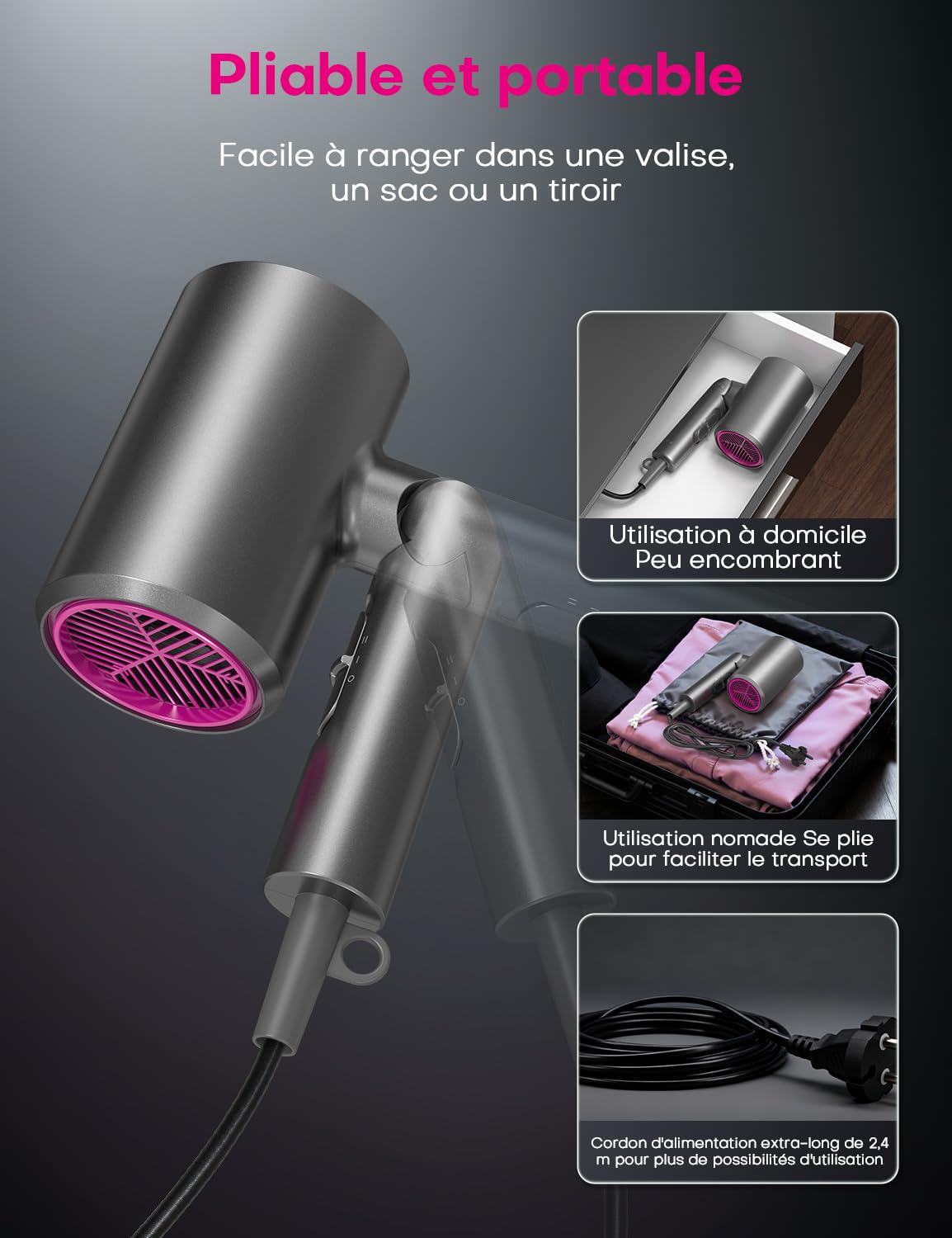 1800W Sèche-cheveux avec diffuseur pour hommes et femmes, (gris) | 2 vitesses, 3 températures, diffuseur et concentrateur pour cheveux bouclés, sèche-cheveux pro, 100 millions d’ions négatifs