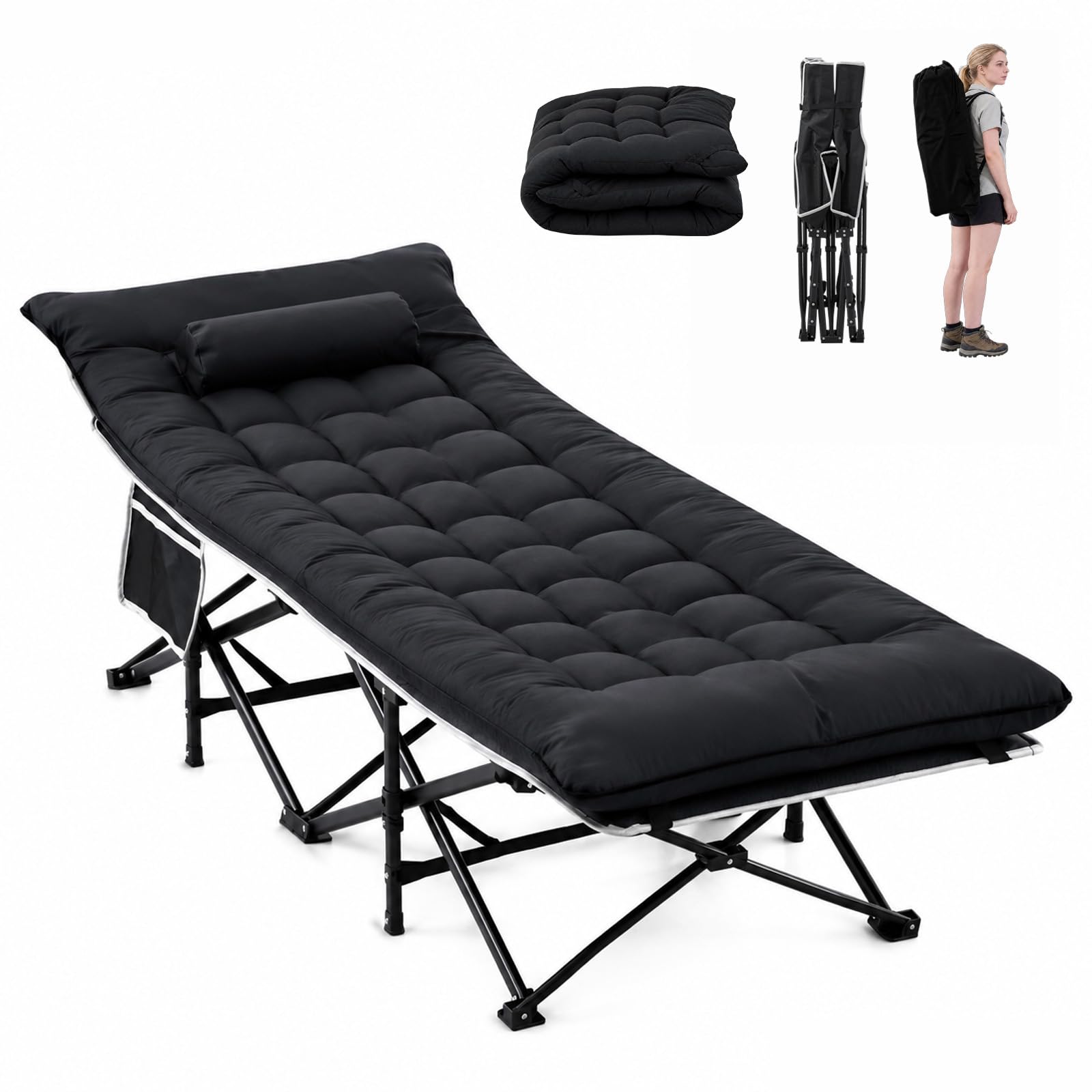 Folding Camping Beds for Adults Supports 550lbs Portable Travel Cot with Removable Thick Pad Pillow 800D Oxford Sleeping Bed Cots for Outdoor with Storage and Carry Bag Home Office Nap Beach (Black)